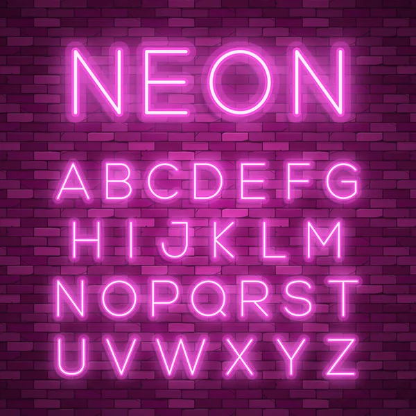 Alfabeto realista de neón. Fuente brillante neon glowing — Vector de stock