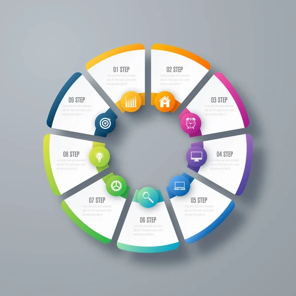 Plantilla de infografías 9 opciones con círculo — Vector de stock