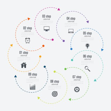 Infographics Şablon 9 daire seçenekleriyle
