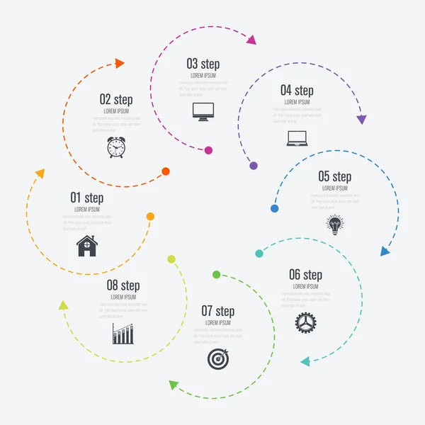 Infografik Vorlage 8 Optionen mit Kreis — Stockvektor