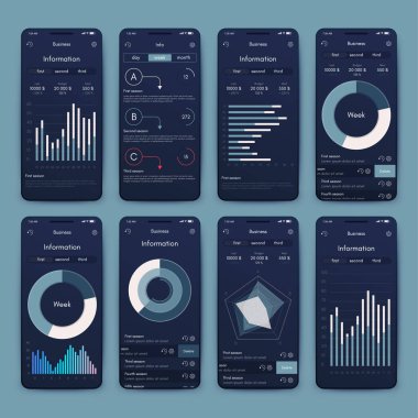 Mobil uygulamalar için farklı Ui, Ux, Gui ekranları ve düz web simgeleri