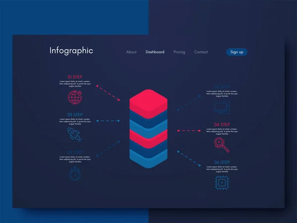 Infográficos vetoriais com seis opções. Modelo para criação de aplicativos móveis, layout de fluxo de trabalho, diagrama, banner, web design, relatórios de negócios com 6 etapas — Vetor de Stock