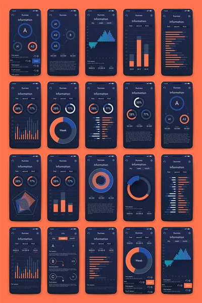 Eléments vectoriels infographiques modernes pour brochures professionnelles. Utilisation dans le site Web, brochure d'entreprise, la publicité et le marketing. Diagrammes à secteurs, graphiques linéaires, graphiques à barres et calendriers. — Image vectorielle