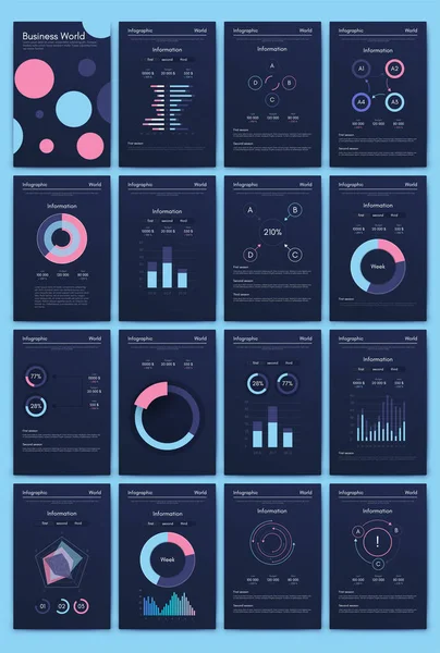 Nowoczesne elementy wektorowe infografiki dla broszur biznesowych. Korzystanie ze strony internetowej, broszury korporacyjnej, reklamy i marketingu. Wykresy kołowe, wykresy liniowe, wykresy słupkowe i linie czasowe. — Wektor stockowy