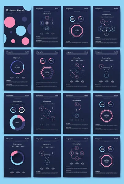 Nowoczesne elementy wektorowe infografiki dla broszur biznesowych. Korzystanie ze strony internetowej, broszury korporacyjnej, reklamy i marketingu. Wykresy kołowe, wykresy liniowe, wykresy słupkowe i linie czasowe. — Wektor stockowy