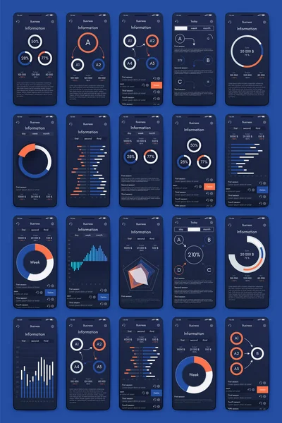 Nowoczesne elementy wektorowe infografiki dla broszur biznesowych. Korzystanie ze strony internetowej, broszury korporacyjnej, reklamy i marketingu. Wykresy kołowe, wykresy liniowe, wykresy słupkowe i linie czasowe. — Wektor stockowy