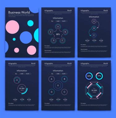 İş broşürleri için modern bilgi vektör unsurları. Web sitesinde, şirket broşürlerinde, reklamlarda ve pazarlamada kullanın. Pasta grafikleri, çizgi grafikleri, çubuk grafikleri ve zaman çizgileri.
