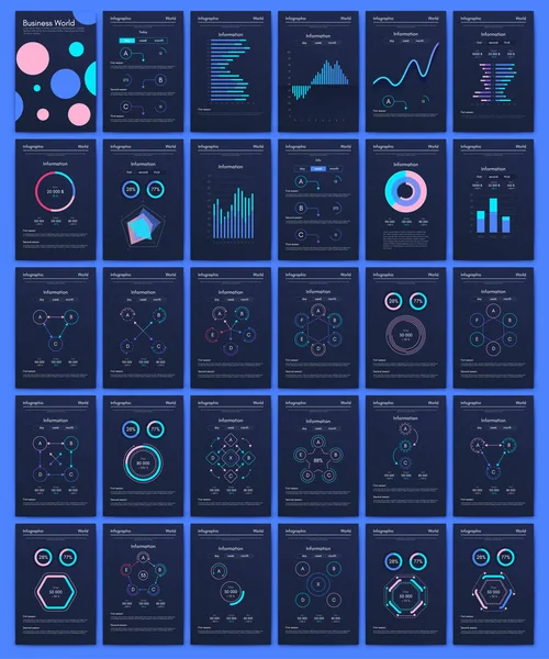 Nowoczesne elementy wektorowe infografiki dla broszur biznesowych. Korzystanie ze strony internetowej, broszury korporacyjnej, reklamy i marketingu. Wykresy kołowe, wykresy liniowe, wykresy słupkowe i linie czasowe. — Wektor stockowy