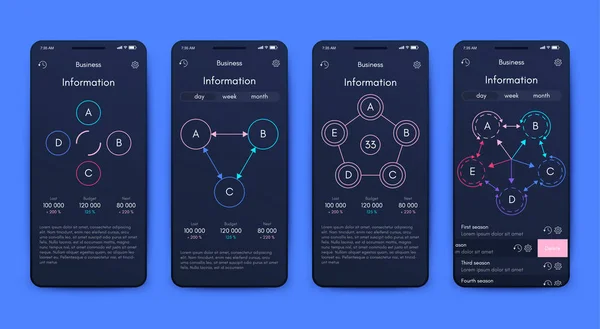 Nowoczesne elementy wektorowe infografiki dla broszur biznesowych. Korzystanie ze strony internetowej, broszury korporacyjnej, reklamy i marketingu. Wykresy kołowe, wykresy liniowe, wykresy słupkowe i linie czasowe. — Wektor stockowy