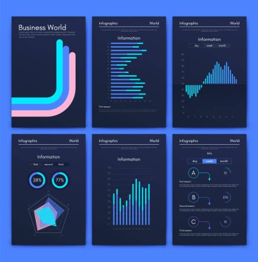 İş broşürleri için modern bilgi vektör unsurları. Web sitesinde, şirket broşürlerinde, reklamlarda ve pazarlamada kullanın. Pasta grafikleri, çizgi grafikleri, çubuk grafikleri ve zaman çizgileri.