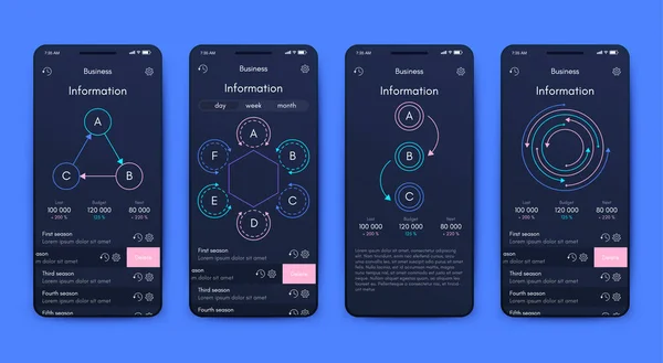 Nowoczesne elementy wektorowe infografiki dla broszur biznesowych. Korzystanie ze strony internetowej, broszury korporacyjnej, reklamy i marketingu. Wykresy kołowe, wykresy liniowe, wykresy słupkowe i linie czasowe. — Wektor stockowy