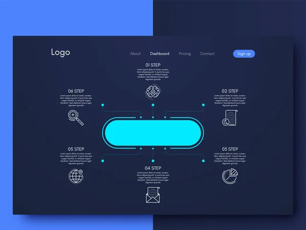 Infographie vectorielle avec six options. Modèle pour la création d'applications mobiles, mise en page du flux de travail, diagramme, bannière, conception Web, rapports d'entreprise en 6 étapes — Image vectorielle