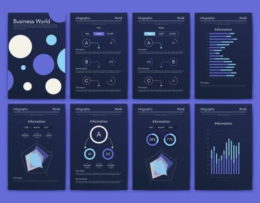 İş broşürleri için modern bilgi vektör unsurları. Web sitesinde, şirket broşürlerinde, reklamlarda ve pazarlamada kullanın. Pasta grafikleri, çizgi grafikleri, çubuk grafikleri ve zaman çizgileri.