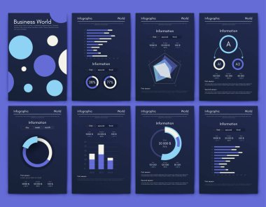 İş broşürleri için modern bilgi vektör unsurları. Web sitesinde, şirket broşürlerinde, reklamlarda ve pazarlamada kullanın. Pasta grafikleri, çizgi grafikleri, çubuk grafikleri ve zaman çizgileri.