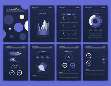 İş broşürleri için modern bilgi vektör unsurları. Web sitesinde, şirket broşürlerinde, reklamlarda ve pazarlamada kullanın. Pasta grafikleri, çizgi grafikleri, çubuk grafikleri ve zaman çizgileri.
