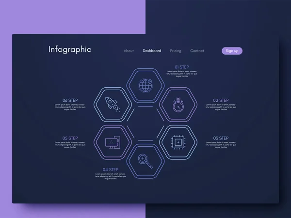 Vector graphics infographics with six options. Template for creating mobile applications, workflow layout, diagram, banner, web design, business reports with 6 steps — Stock Vector