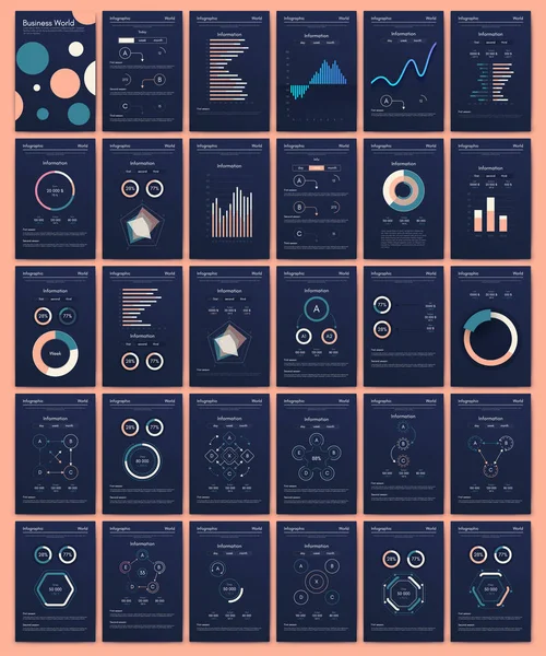 Nowoczesne elementy wektorowe infografiki dla broszur biznesowych. Korzystanie ze strony internetowej, broszury korporacyjnej, reklamy i marketingu. Wykresy kołowe, wykresy liniowe, wykresy słupkowe i linie czasowe. — Wektor stockowy