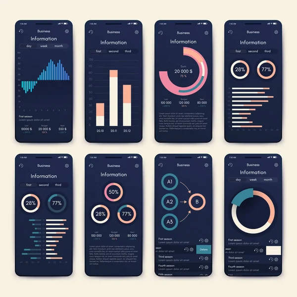 Moderne infografische vectorelementen voor zakelijke brochures. Gebruik in website, corporate brochure, reclame en marketing. Taartgrafieken, lijngrafieken, staafgrafieken en tijdlijnen. — Stockvector