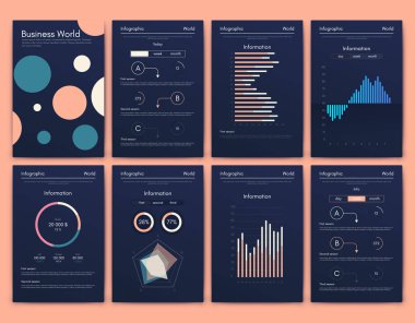 İş broşürleri için modern bilgi vektör unsurları. Web sitesinde, şirket broşürlerinde, reklamlarda ve pazarlamada kullanın. Pasta grafikleri, çizgi grafikleri, çubuk grafikleri ve zaman çizgileri.