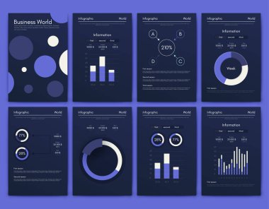 İş broşürleri için modern bilgi vektör unsurları. Web sitesinde, şirket broşürlerinde, reklamlarda ve pazarlamada kullanın. Pasta grafikleri, çizgi grafikleri, çubuk grafikleri ve zaman çizgileri.