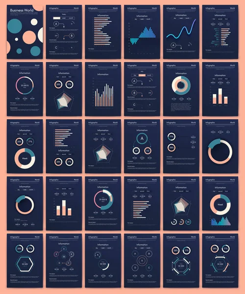 Elementos vetoriais infográficos modernos para brochuras de negócios. Uso no site, brochura corporativa, publicidade e marketing. Gráficos de pizza, gráficos de linha, gráficos de barras e linhas do tempo. — Vetor de Stock