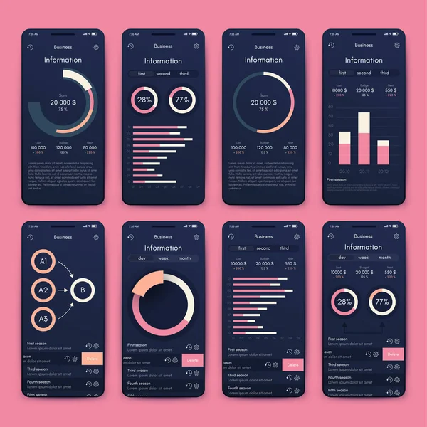 Elementos vectoriales de infografía moderna para folletos de negocios. Uso en sitio web, folleto corporativo, publicidad y marketing. Gráficos de pasteles, gráficos de líneas, gráficos de barras y líneas de tiempo. — Vector de stock