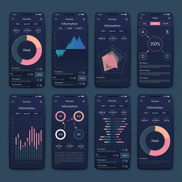 Modern infographic vector elements for business brochures. Use in website, corporate brochure, advertising and marketing. Pie charts, line graphs, bar graphs and timelines. — Stock Vector