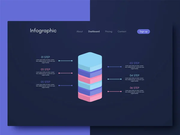 Infografica grafica vettoriale con sei opzioni. Modello per la creazione di applicazioni mobili, layout del flusso di lavoro, diagramma, banner, web design, report aziendali con 6 passaggi — Vettoriale Stock