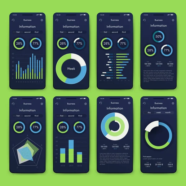 Eléments vectoriels infographiques modernes pour brochures professionnelles. Utilisation dans le site Web, brochure d'entreprise, la publicité et le marketing. Diagrammes à secteurs, graphiques linéaires, graphiques à barres et calendriers. — Image vectorielle