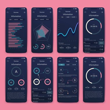 İş broşürleri için modern bilgi vektör unsurları. Web sitesinde, şirket broşürlerinde, reklamlarda ve pazarlamada kullanın. Pasta grafikleri, çizgi grafikleri, çubuk grafikleri ve zaman çizgileri.