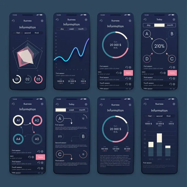 Elementos vetoriais infográficos modernos para brochuras de negócios. Uso no site, brochura corporativa, publicidade e marketing. Gráficos de pizza, gráficos de linha, gráficos de barras e linhas do tempo. — Vetor de Stock