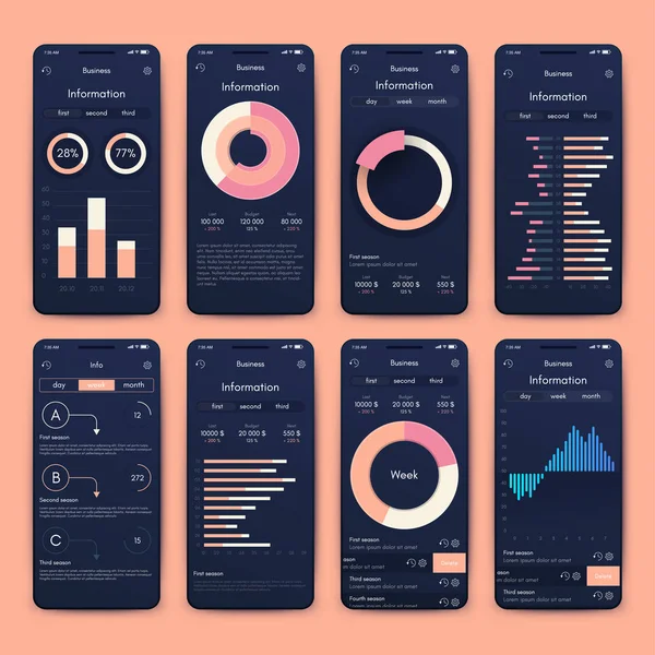 Modern infographic vector elements for business brochures. Use in website, corporate brochure, advertising and marketing. Pie charts, line graphs, bar graphs and timelines. — Stock Vector