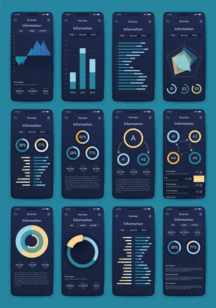 İş broşürleri için modern bilgi vektör unsurları. Web sitesinde, şirket broşürlerinde, reklamlarda ve pazarlamada kullanın. Pasta grafikleri, çizgi grafikleri, çubuk grafikleri ve zaman çizgileri.