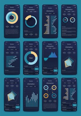 İş broşürleri için modern bilgi vektör unsurları. Web sitesinde, şirket broşürlerinde, reklamlarda ve pazarlamada kullanın. Pasta grafikleri, çizgi grafikleri, çubuk grafikleri ve zaman çizgileri.