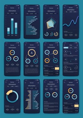 İş broşürleri için modern bilgi vektör unsurları. Web sitesinde, şirket broşürlerinde, reklamlarda ve pazarlamada kullanın. Pasta grafikleri, çizgi grafikleri, çubuk grafikleri ve zaman çizgileri.