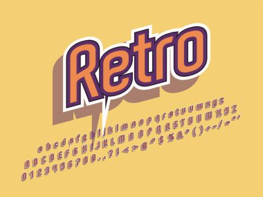 Şık trendy logo Retro Bar. 3D renkli yazı. Vintage tarzı parlak alfabe harfler, sayılar ve semboller