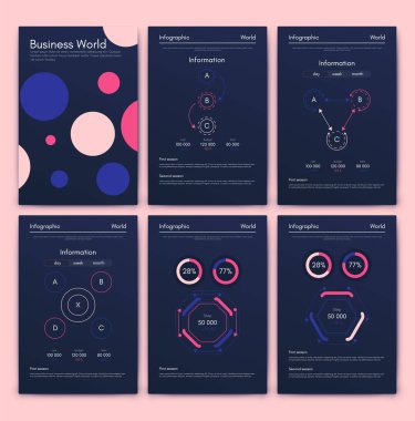 İş broşürleri için modern bilgi vektör unsurları. Web sitesinde, şirket broşürlerinde, reklamlarda ve pazarlamada kullanın. Pasta grafikleri, çizgi grafikleri, çubuk grafikleri ve zaman çizgileri.