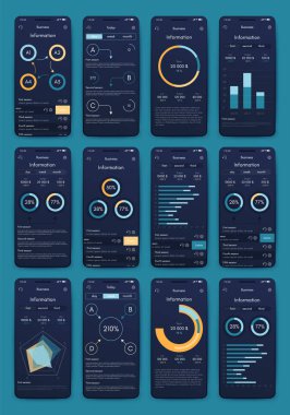 İş broşürleri için modern bilgi vektör unsurları. Web sitesinde, şirket broşürlerinde, reklamlarda ve pazarlamada kullanın. Pasta grafikleri, çizgi grafikleri, çubuk grafikleri ve zaman çizgileri.
