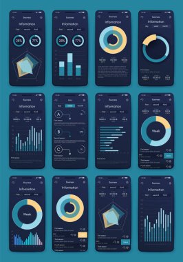 İş broşürleri için modern bilgi vektör unsurları. Web sitesinde, şirket broşürlerinde, reklamlarda ve pazarlamada kullanın. Pasta grafikleri, çizgi grafikleri, çubuk grafikleri ve zaman çizgileri.