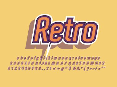 Şık trendy logo Retro Bar. 3D renkli yazı. Vintage tarzı parlak alfabe harfler, sayılar ve semboller