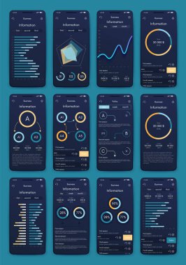 İş broşürleri için modern bilgi vektör unsurları. Web sitesinde, şirket broşürlerinde, reklamlarda ve pazarlamada kullanın. Pasta grafikleri, çizgi grafikleri, çubuk grafikleri ve zaman çizgileri.