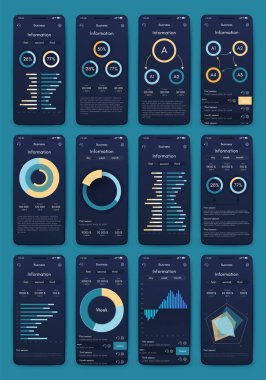 İş broşürleri için modern bilgi vektör unsurları. Web sitesinde, şirket broşürlerinde, reklamlarda ve pazarlamada kullanın. Pasta grafikleri, çizgi grafikleri, çubuk grafikleri ve zaman çizgileri.