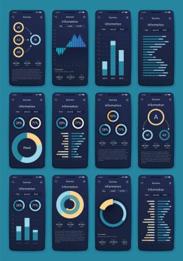 İş broşürleri için modern bilgi vektör unsurları. Web sitesinde, şirket broşürlerinde, reklamlarda ve pazarlamada kullanın. Pasta grafikleri, çizgi grafikleri, çubuk grafikleri ve zaman çizgileri.