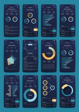 İş broşürleri için modern bilgi vektör unsurları. Web sitesinde, şirket broşürlerinde, reklamlarda ve pazarlamada kullanın. Pasta grafikleri, çizgi grafikleri, çubuk grafikleri ve zaman çizgileri.