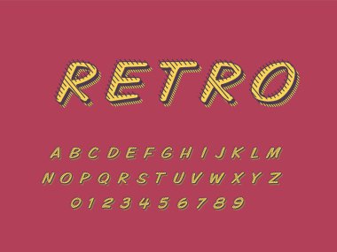 Şık trendy logo Retro Bar. 3D renkli yazı. Vintage tarzı parlak alfabe harfler, sayılar ve semboller
