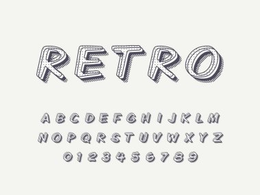Şık trendy logo Retro Bar. 3D renkli yazı. Vintage tarzı parlak alfabe harfler, sayılar ve semboller