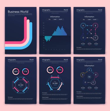 İş broşürleri için modern bilgi vektör unsurları. Web sitesinde, şirket broşürlerinde, reklamlarda ve pazarlamada kullanın. Pasta grafikleri, çizgi grafikleri, çubuk grafikleri ve zaman çizgileri.