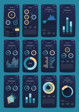 İş broşürleri için modern bilgi vektör unsurları. Web sitesinde, şirket broşürlerinde, reklamlarda ve pazarlamada kullanın. Pasta grafikleri, çizgi grafikleri, çubuk grafikleri ve zaman çizgileri.