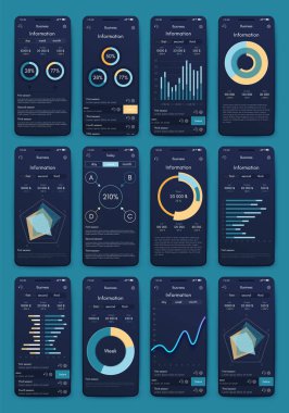 İş broşürleri için modern bilgi vektör unsurları. Web sitesinde, şirket broşürlerinde, reklamlarda ve pazarlamada kullanın. Pasta grafikleri, çizgi grafikleri, çubuk grafikleri ve zaman çizgileri.