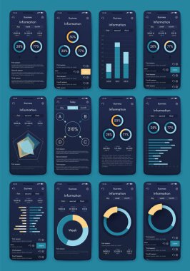 İş broşürleri için modern bilgi vektör unsurları. Web sitesinde, şirket broşürlerinde, reklamlarda ve pazarlamada kullanın. Pasta grafikleri, çizgi grafikleri, çubuk grafikleri ve zaman çizgileri.
